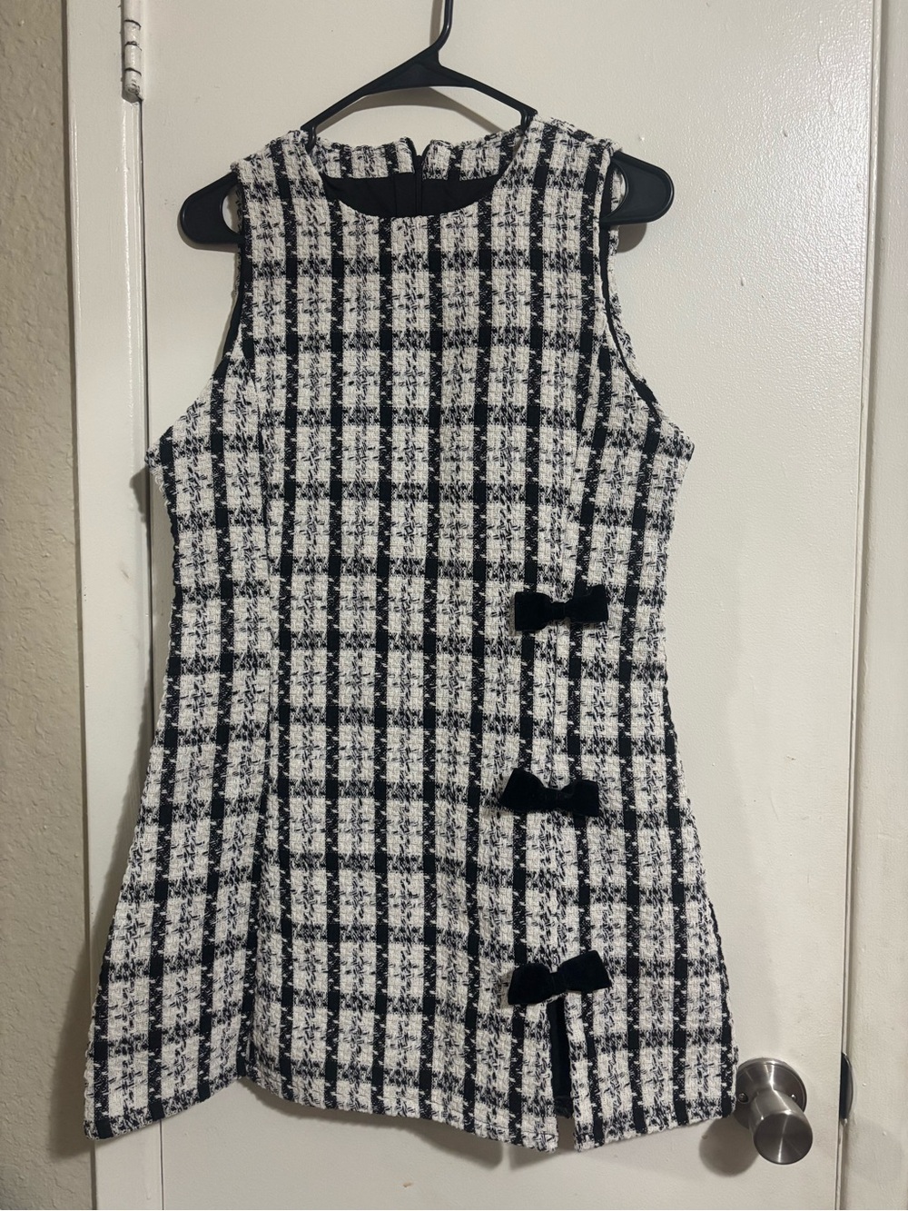 Source Unknown Black and White Plaid Tweed Midi Dress with Bows